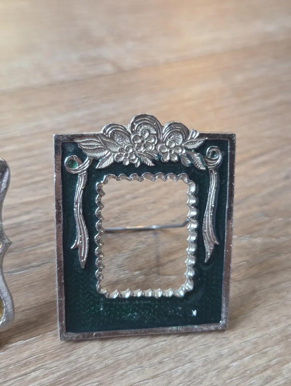 Vintage Mini Ornate Metal Picture Frame Silver Tone, Green & Yellow Resin